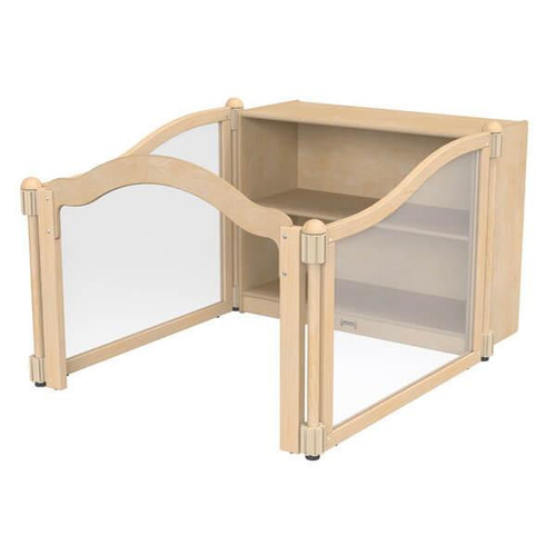 Jonti-Craft Imagination Reading Nook with Storage, wooden children's reading nook with protective sides and open storage shelves.