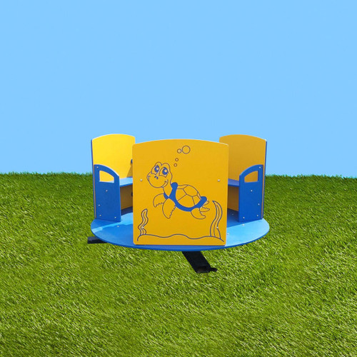 Playtime Playground Equipment Tiny Tot Playground Spinner, outdoor circular playground spinner with turtle design and blue and yellow color scheme on grassy surface against blue sky
