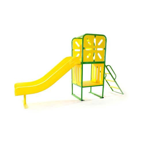 Playtime Playground Equipment Large Tree House Slide, colorful yellow slide with green frame and ladder, designed for children's outdoor play.
