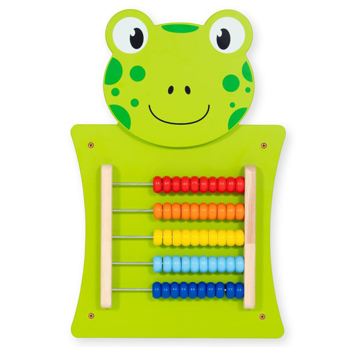 SPARK & WOW Frog Activity Wall Panel Toy, colorful wooden frog-themed educational wall toy for children featuring sliding beads in red, orange, yellow, blue, and green on metal rods.
