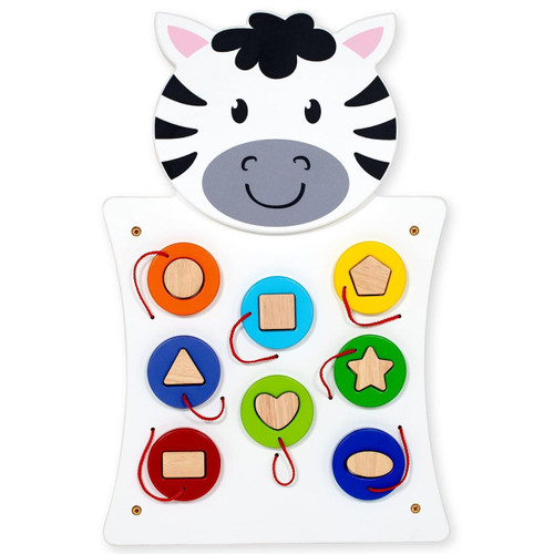SPARK & WOW Zebra Activity Wall Panel Toy, a colorful wooden activity board with a zebra face design and various shape and color matching puzzles for children.