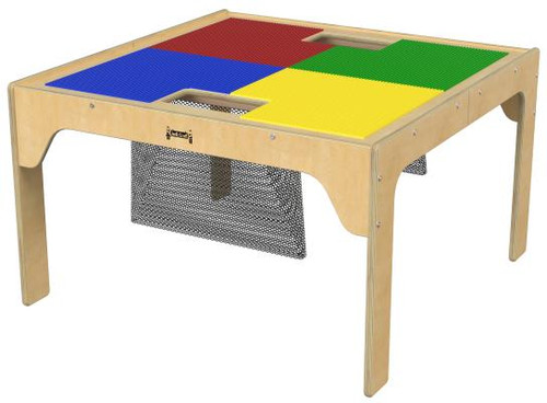 Jonti-Craft Fun Builder Wooden DUPLO® Table - 32" x 32", a sturdy wooden play table with colorful DUPLO® construction panels in red, blue, green, and yellow, designed for creative building activities.