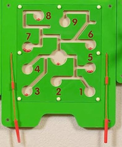 SPARK & WOW Magnetic Wands for Crocodile & Airplane Sensory Wall Panels - Set of 2, green interactive wall panel with numbered pathways and magnetic wands for child motor skill development.