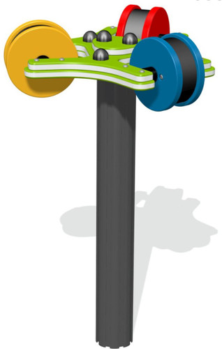 Playground Prodigy Genius Maker Musical Spin Maraca Tree, colorful playground musical instrument featuring spinning maraca trees in yellow, red, and blue colors with black handles for children to play and spin.