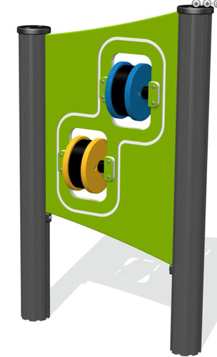 Playground Prodigy Genius Maker Musical Maracas Spin Playground Panel, colorful spinning maracas game with yellow and blue maracas on a green panel for children's playground activities.