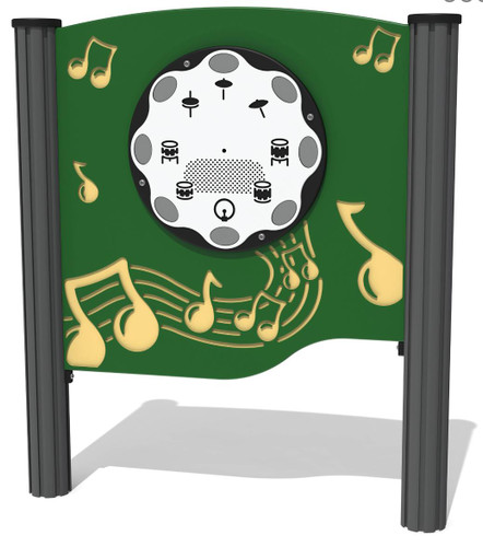 Playground Prodigy ~ELECTRIFIED~ Drums Outdoor Musical Play Panel, a green outdoor play panel featuring a drum set with musical notes and percussion instruments design.