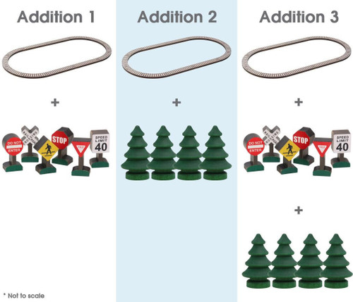 Maple Landmark Oval Wooden Train Track Set, wooden train tracks and miniature traffic signs with trees.