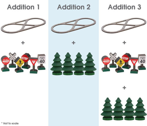 Maple Landmark Oval with Figure-8 Wooden Train Track Set, train tracks with traffic signs and small trees for children's train play