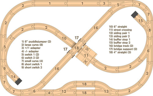 Maple Landmark Playtable Wooden Train Track Set, detailed layout of wooden train tracks with numbered parts and accessories.