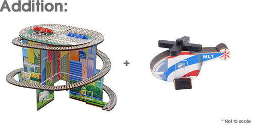 Maple Landmark Mountain Spiral Railway Printed Wooden Train Track Set, colorful wooden train tracks with a mountain spiral layout and a wooden helicopter toy.
