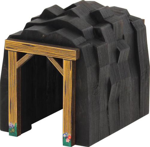 Maple Landmark Rock Tunnel for Wooden Train Sets, realistic black rock tunnel with painted wooden supports for imaginative play and train track layouts.