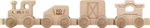 Maple Landmark My First Train Wooden Train Set, image of a natural wood toy train with multiple cars featuring engraved details.