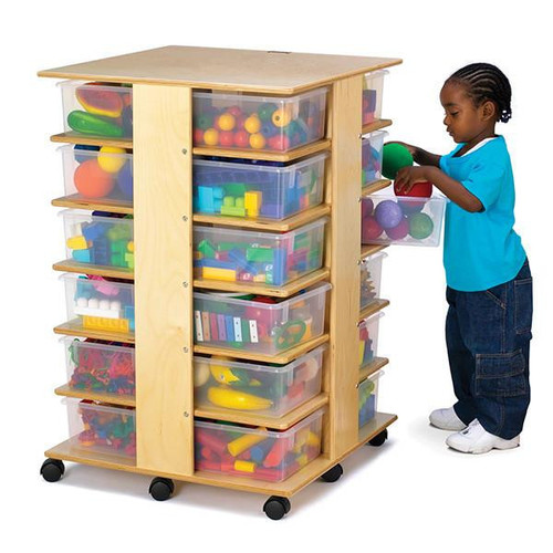 Jonti-Craft 24 Tub Tower with Tubs, wooden storage unit with multiple clear plastic tubs filled with colorful toys, child accessing the tubs.