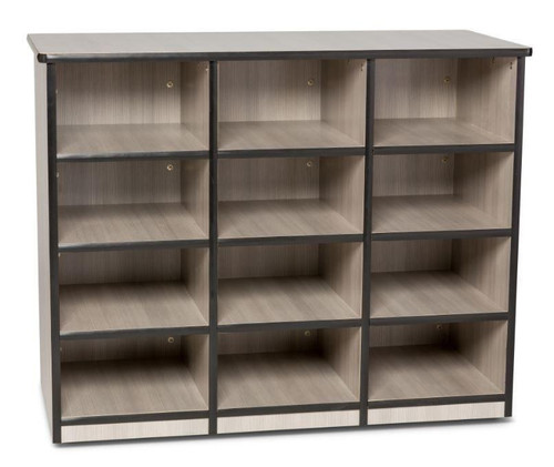 Playscapes Triple Unit Mobile Gratnell Classroom Organizer, a durable wooden storage unit with three sections and multiple open compartments for organization.