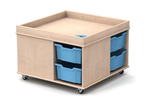 Novum Premium Classroom Low Multifunctional Activity Table with Wheels, wooden table with blue storage bins and caster wheels for easy mobility.
