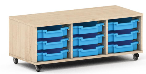 Novum Premium Classroom Low 3-Column Cabinet w/Wheels, wooden storage unit with three sections, each containing multiple bright blue plastic bins, on casters for mobile classroom organization.