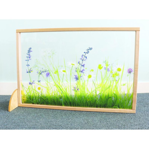 Whitney Brothers Nature View Room Divider Panel 36W, colorful nature-themed room divider with grass and wildflowers design.