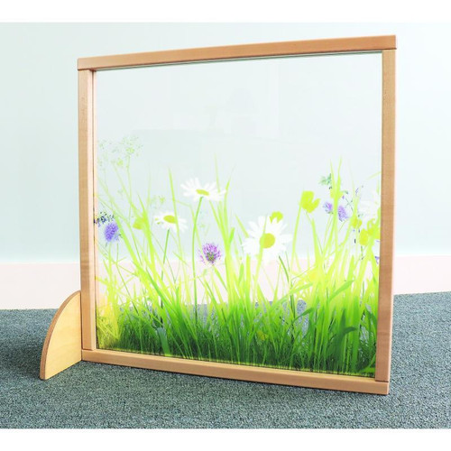 Whitney Brothers Nature View Room Divider Panel - 24"W, glass room divider with a floral nature-themed design and wooden frame.