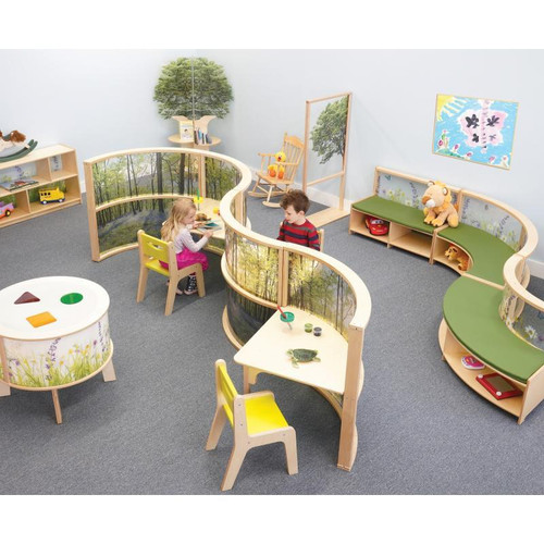 Whitney Brothers Nature View Curved Room Divider Panel 36" H, in a children's playroom or classroom setting, featuring a nature-themed design with trees and forest scenery.