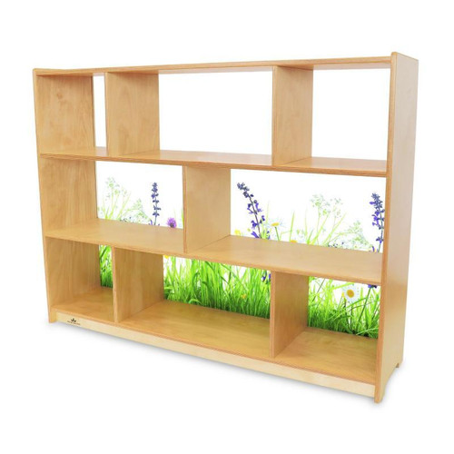 Whitney Brothers Nature View Acrylic Back Storage Cabinet 36" H, wooden shelving unit with acrylic back featuring a nature scene with flowers and grass
