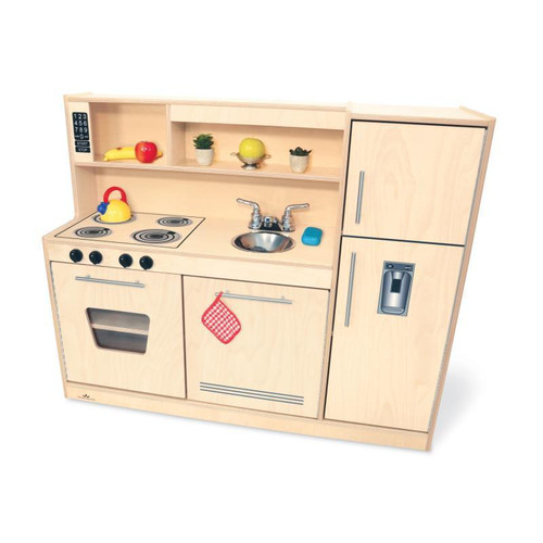 Whitney Brothers Contemporary Natural Play Kitchen Combo, wooden play kitchen with stove, oven, sink, refrigerator, and shelves for imaginative children's play.