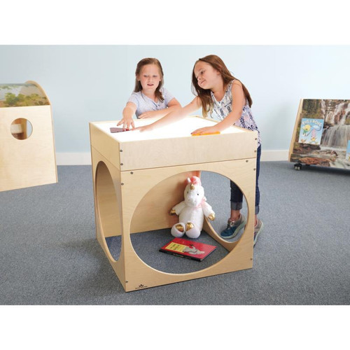 Whitney Brothers Superbright LED Creative Cube, children playing and exploring with the illuminated wooden activity cube.