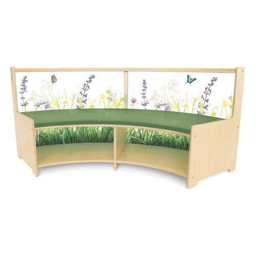 Whitney Brothers Nature View Curve Out Couch, kid's wooden bench with a nature-themed backrest featuring a meadow of flowers and butterflies, and a green cushioned seat.