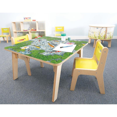Whitney Brothers Nature View Pond Children's Table, children’s educational play table with a nature-inspired pond design and yellow chairs in a classroom setting.