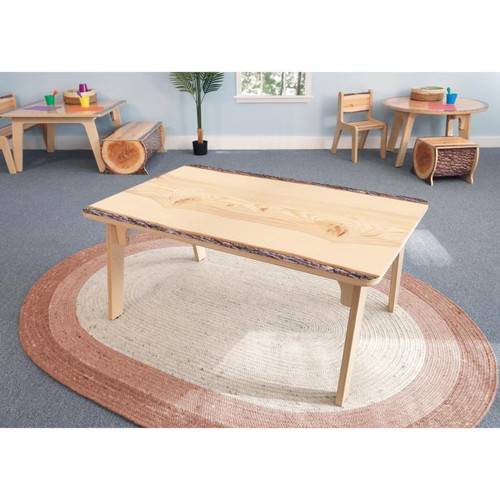 Whitney Brothers Nature View Live Edge Rectangle Table 18" H, showcasing a natural wood finish with live edge design, set in a bright room with children-sized furniture.