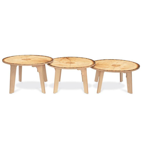 Whitney Brothers Nature View Live Edge Round Table 20" H, natural wood with a unique live edge design, three-tiered round coffee tables with sturdy wooden legs.
