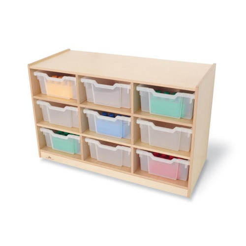 Whitney Brothers Nine Tray Mobile Gratnell Storage Cabinet, wooden storage unit with nine clear plastic trays in various colors.