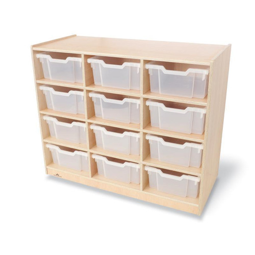 Whitney Brothers 12 Tray Mobile Gratnell Storage Cabinet, wooden storage cabinet with 12 clear plastic trays organized in three rows of four, designed for easy storage and access.