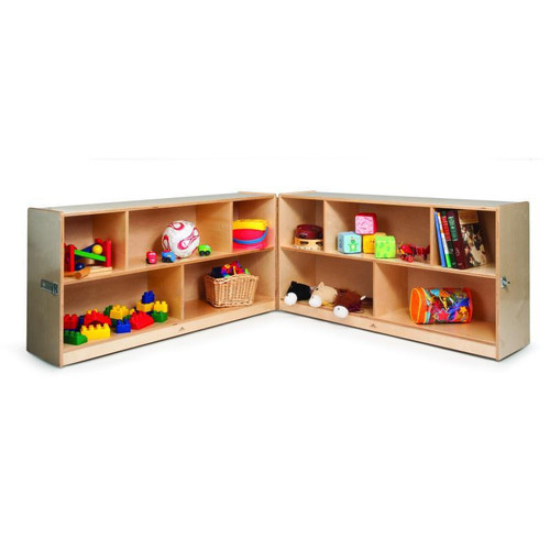 Whitney Brothers Fold And Roll Storage Cabinet 30H, wooden storage unit with multiple compartments filled with toys and books.