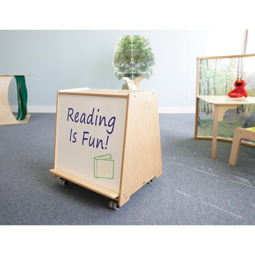 Whitney Brothers Toddler Big Book Display, wooden mobile book display unit with a sign saying 'Reading Is Fun!' in a children's area.