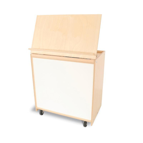 Whitney Brothers Big Book Display With Write & Wipe Back, wooden book display on wheels with a white write & wipe back panel and a tilting top for easy book access.