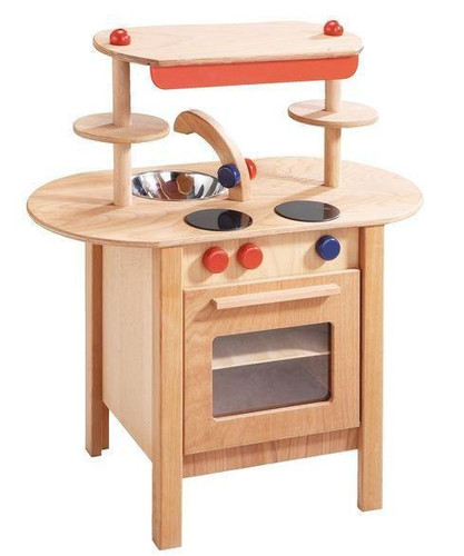 HABA Pro Mini Wooden Play Kitchen Block, miniature wooden toy kitchen with stovetop, oven, sink, and shelves for children's pretend play.