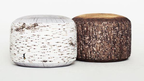 Playscapes Woodsmen Naturescape Tree Stump, pair of rustic tree stump furniture pieces with one painted white and the other natural brown.