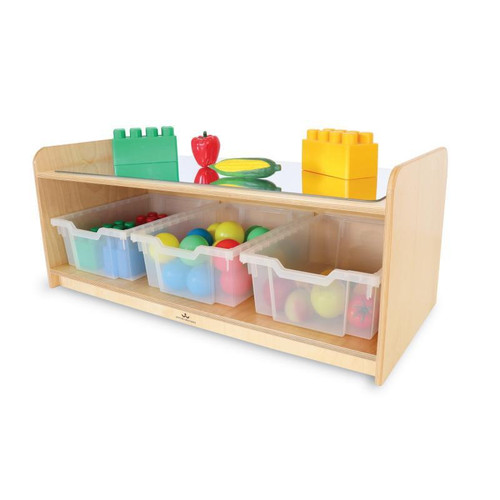 Whitney Brothers Toddler Play Table With Mirror Top, wooden table with a mirror surface, colorful play items, and storage bins filled with toys suitable for toddlers.