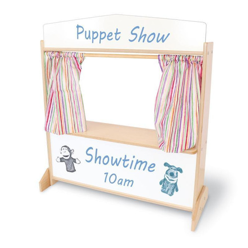Whitney Brothers Deluxe Puppet Theater With Markerboard, children's puppet stage with colorful curtains, whiteboard area for showtimes, and playful puppet illustrations.