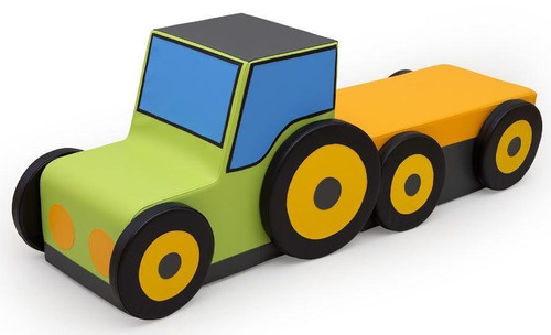 Moje Bambino Tractor Trailer Soft Indoor Climber Play Set, colorful toy tractor with a green front, yellow trailer, and blue windows.