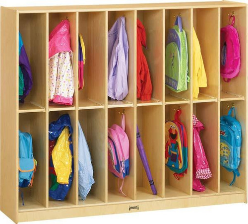 Jonti-Craft 16 Section Twin Trim Lockers, wooden storage unit with multiple compartments filled with colorful backpacks and jackets.