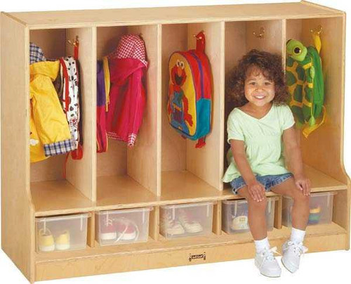 Jonti-Craft Toddler Coat Locker with Step, wooden preschool coat storage unit with hooks and cubbies, and a smiling young girl sitting on the step.
