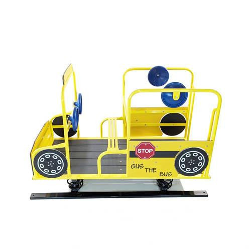 Playtime Playground Equipment Gus the Bus Spring Rider, colorful yellow and blue bus-themed spring rider for children's playgrounds, with safety features and fun design.