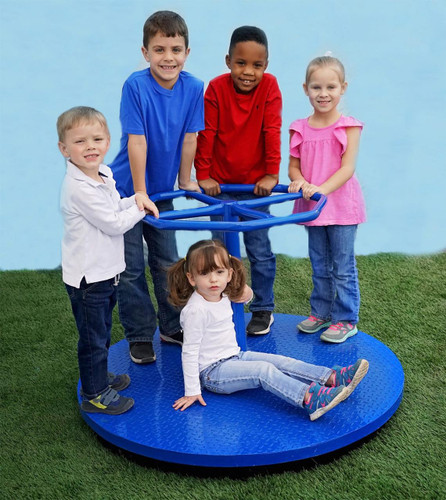 Playtime Playground Equipment Merry Go Round Spinning Ride, children enjoying the outdoor playground with the blue merry-go-round.