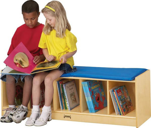 Jonti-Craft 5 Section Bench Locker with Cushion, children sitting on the bench and reading books, colorful storage with books inside.