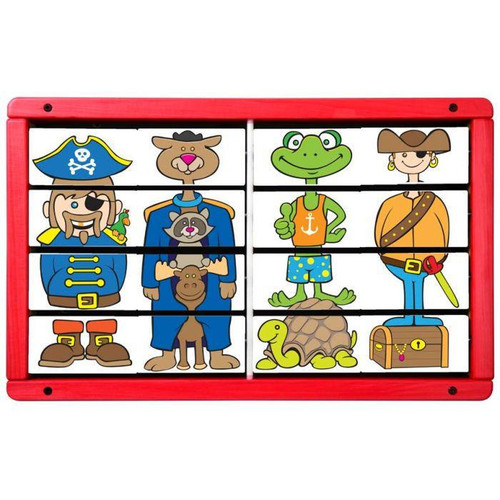 Playscapes Scallywaggles Activity Wall Panel Toy, colorful pirate-themed wooden activity wall with cartoon pirate characters, animals, and treasure chest design.
