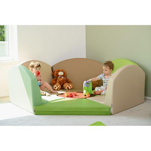 Moje Bambino Nature Collection Orchid Seating, a soft padded children's play area with a beige and green color scheme, featuring two young children playing with toys inside the cushioned set.