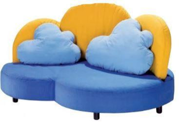 HABA Pro Clouds Couch with Pillows, colorful children's sofa featuring cloud-shaped cushions and a vibrant blue and yellow color scheme.