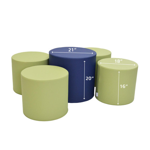 Children's Factory Tranquility Navy Ottoman Set - 5 Pieces, a set of five cylindrical ottomans in navy and lime green colors with dimensions 21 inches wide, 20 inches high for the navy ottoman, and 18 inches wide, 16 inches high for the lime green ottomans, ideal for children's room or playroom furniture.