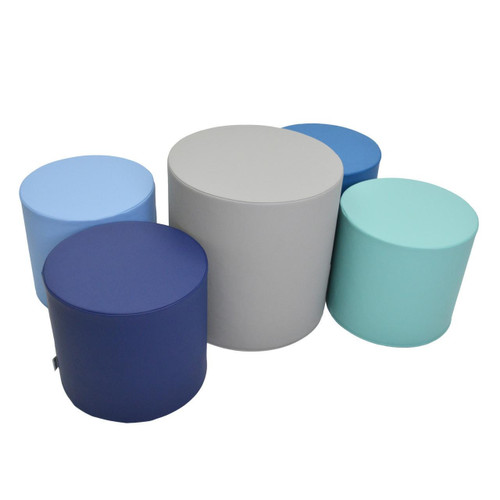 Children's Factory Tranquility Gray Ottoman Set - 5 Pieces, colorful round foam ottomans in shades of gray, blue, and teal, designed for children's playroom or lounge area.